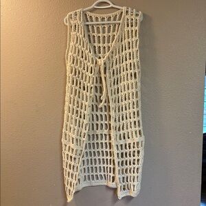 Cream Crochet Open-Weave Long Vest with Tie Front